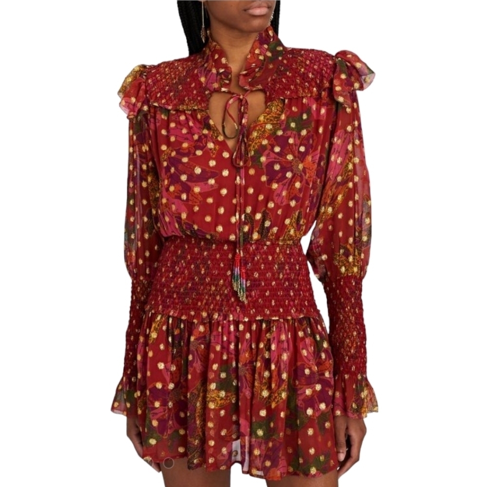FARM Rio Maroon & Gold Banana Flowers Smocked Mini Dress - Size XL - Picture 2 of 13